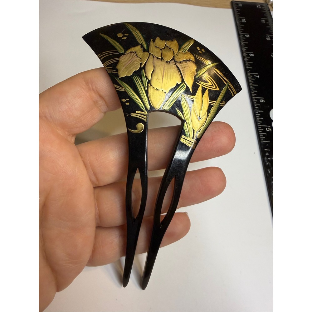 Vintage Japanese Kanzashi Hair Fork Black Gold Floral Iris Maple Leaf Fan Comb
